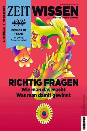 Das Cover der Zeitschrift ZEIT WISSEN zeigt eine abstrakte, farbenfrohe Blüten-Illustration auf rotem Hintergrund. Oben stehen die Titel "ZEIT WISSEN" und Themen wie "Besser im Team?" und "RICHTIG FRAGEN. Wie man das macht. Was man damit gewinnt" in großen schwarzen Lettern.