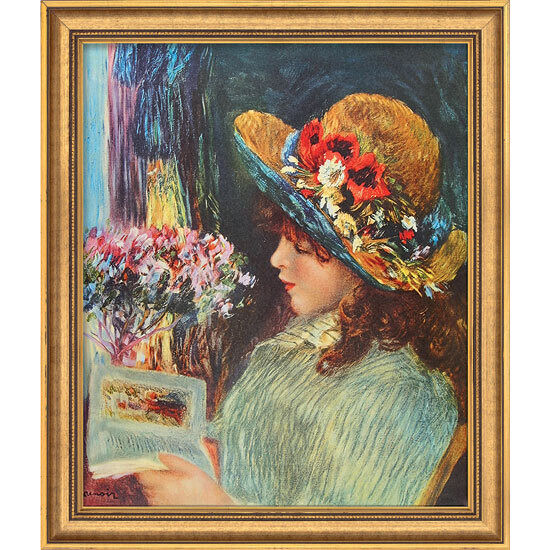 Gerahmtes Gemälde von Auguste Renoir mit dem Titel "Lesendes Mädchen" aus dem Jahr 1886, zeigt eine Frau mit einem Hut, die ein Buch liest, umgeben von Blumen in kräftigen Blau-, Rot-, Gelb-, Grün- und Rosatönen.