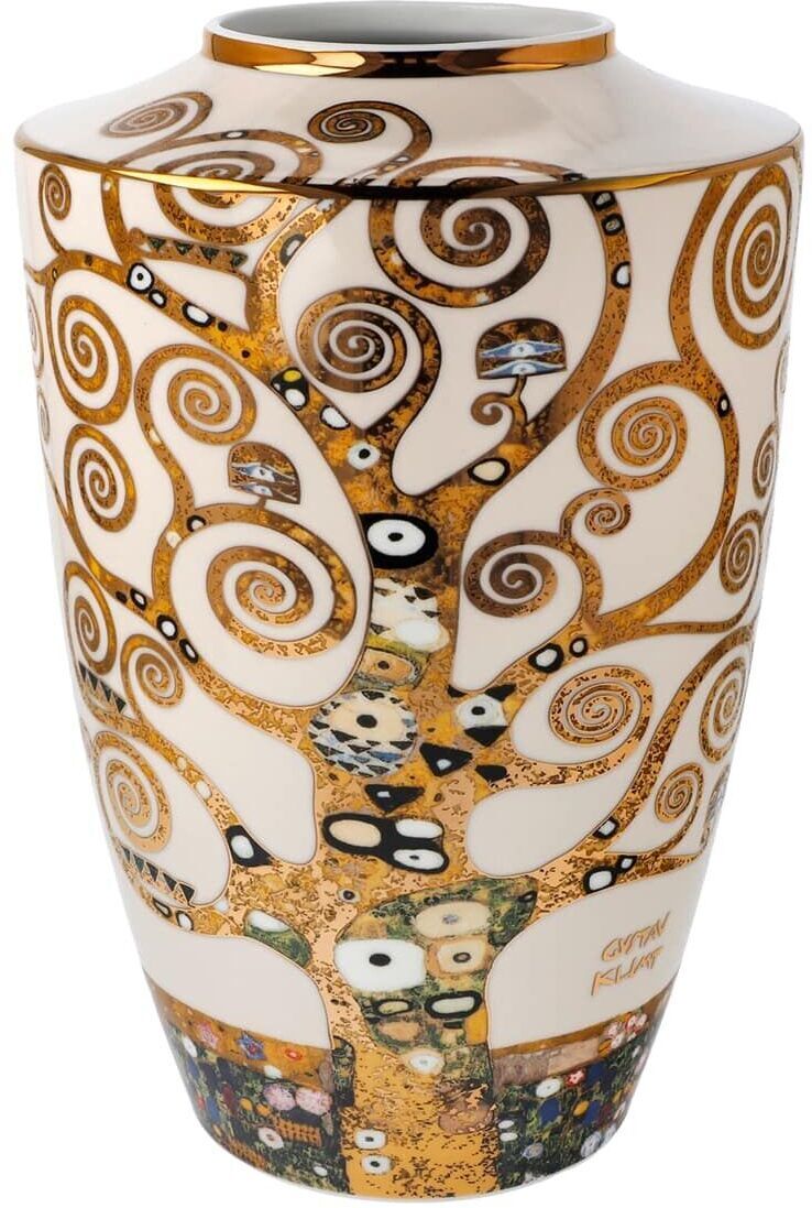 Porzellanvase »Lebensbaum« nach Klimt mit kunstvollem Art Nouveau Design, dominierend in Weiß und Gold mit dekorativen Mustern und Ornamenten. Ideal als elegantes Wohnaccessoire oder Geschenk für Kunstliebhaber.