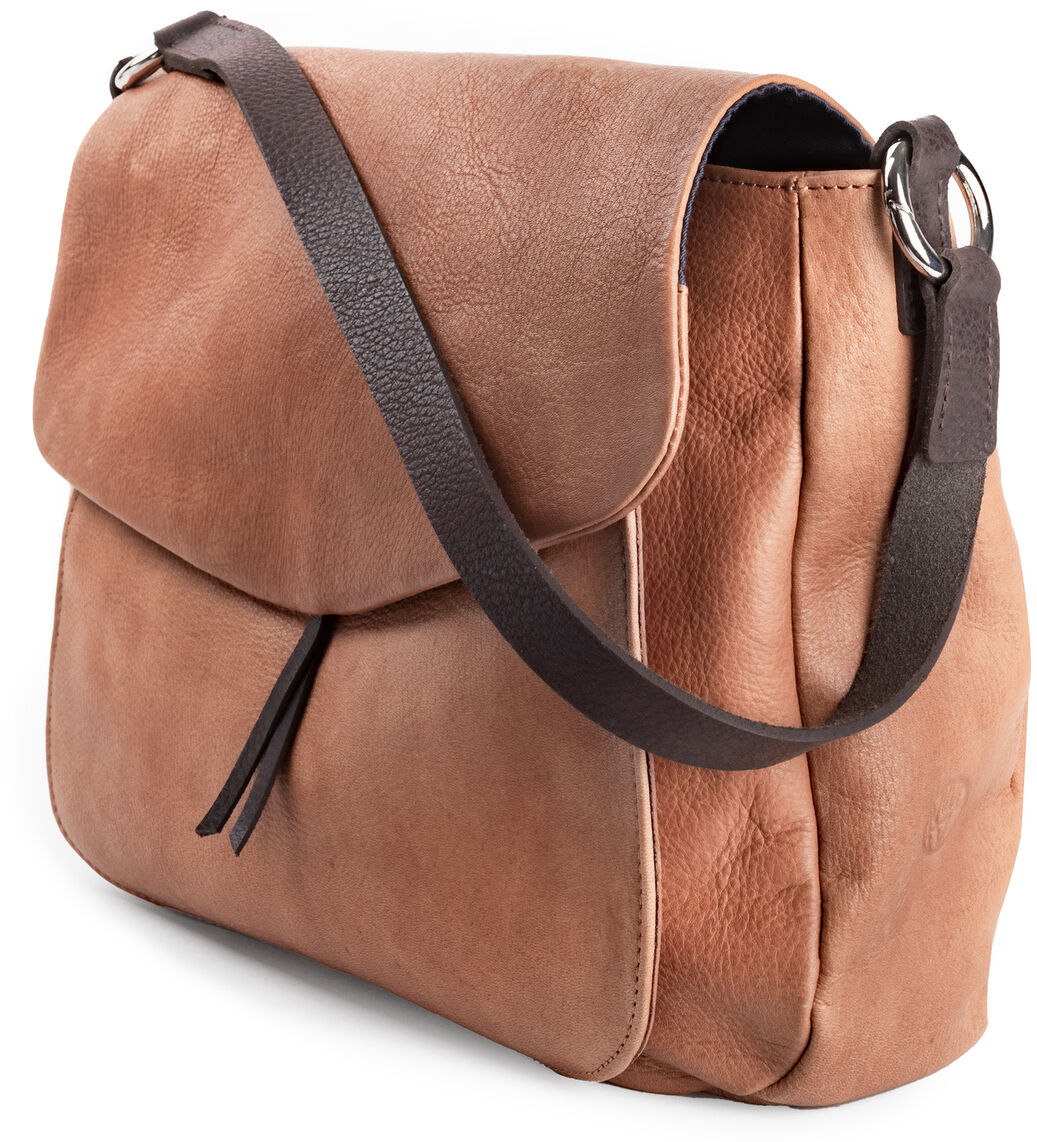 Braune Umhängetasche aus Leder mit dunklen Riemen, stilvolles und praktisches Design, ideal für den Alltag und Reisen.