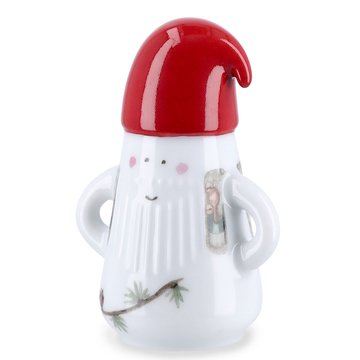 Porzellanfigur eines stilisierten Weihnachtsmanns mit weißem Körper, langen Armen, minimalistischen Gesichtszügen und roter Mütze im skandinavischen Hammershøi-Design; auf dem weißen Mantel sind dezente, weihnachtliche Motive und kleine Farbakzente abgebildet.