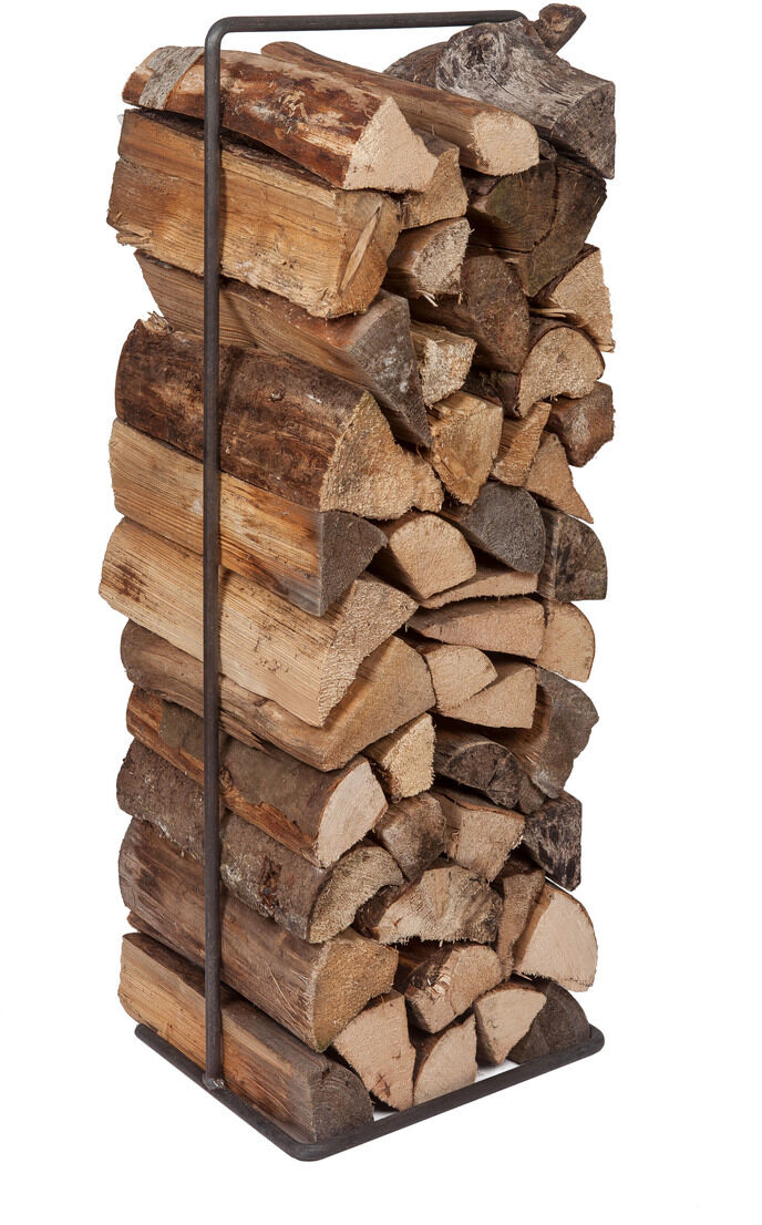 Kaminholzregal »Timber Frame« aus einem schwarzen Metallrahmen, komplett gefüllt mit gestapeltem Brennholz in verschiedenen Holztönen.