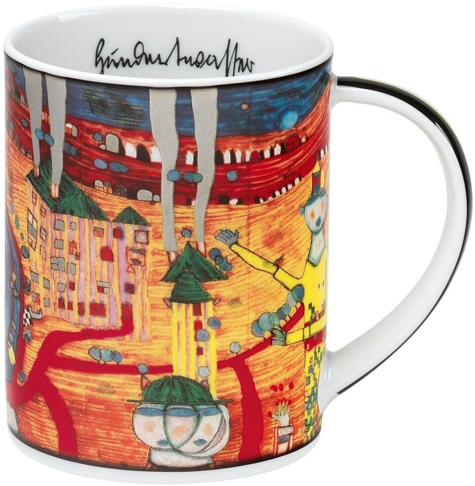 Ein weißer Kaffeebecher mit einem farbenfrohen und abstrakten Design, das von Hundertwasser inspiriert ist. Das Design zeigt bunte Gebäude und Figuren auf einem roten Hintergrund. Oben am Rand befindet sich eine schwarze Signatur.