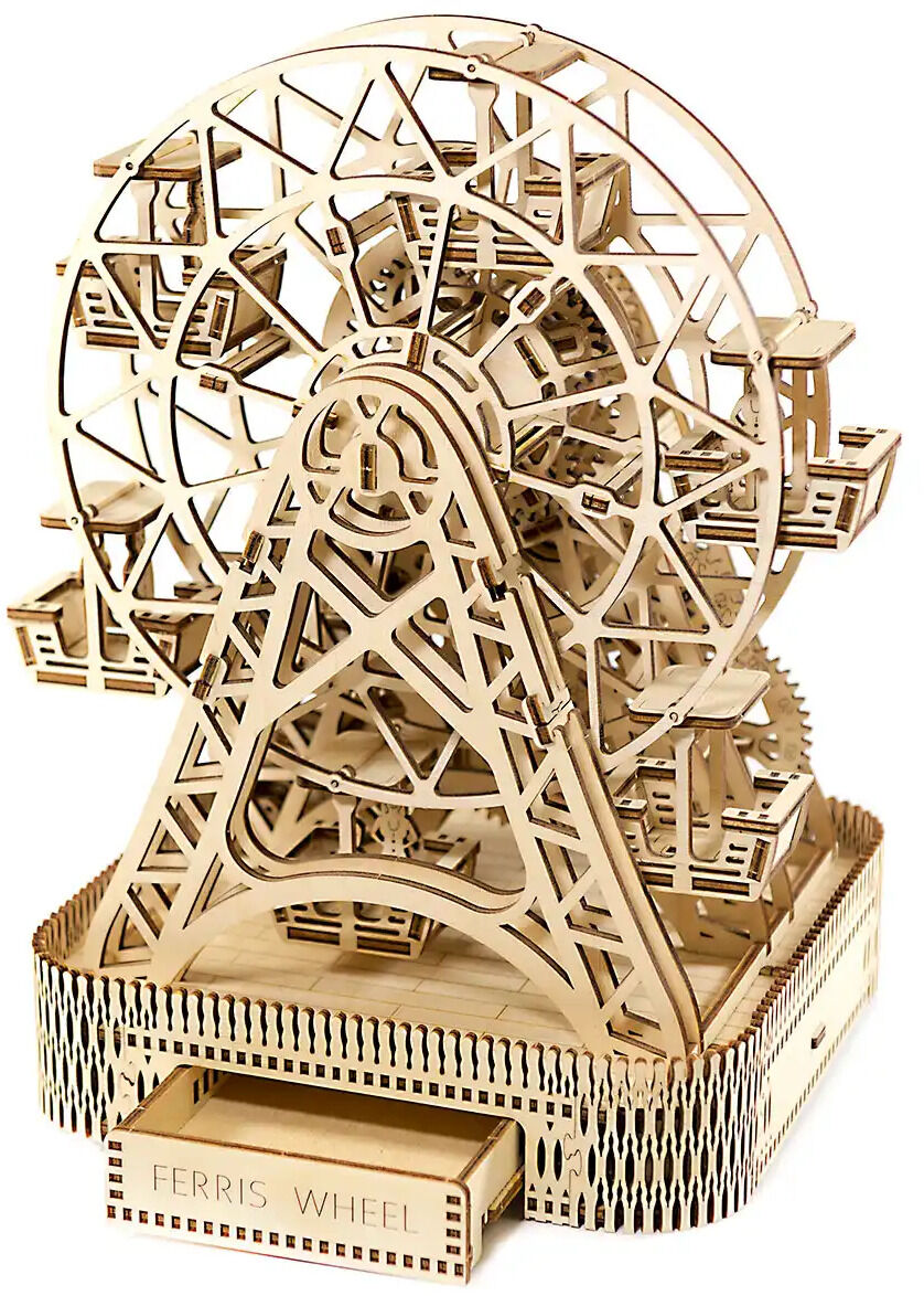 Detailliertes 3D-Holzmodell eines Riesenrads aus 429 Teilen, inspiriert vom „The High Roller“ in Las Vegas. Mit sichtbaren Zahnrädern, Figuren in den Gondeln und geheimen Fächern im Sockel. Mechanisch angetrieben, aus Birkenholz, ohne Kleber zusammenbaubar.
