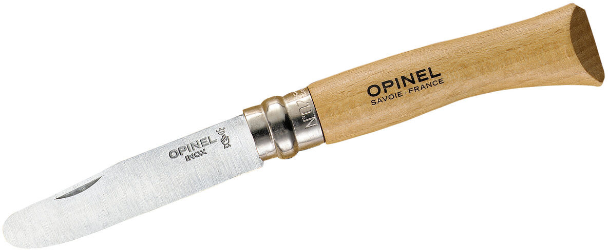 Ein Kindermesser mit Holzgriff und Etui der Marke Opinel. Die Klinge ist aus rostfreiem Stahl und hat eine abgerundete Spitze.