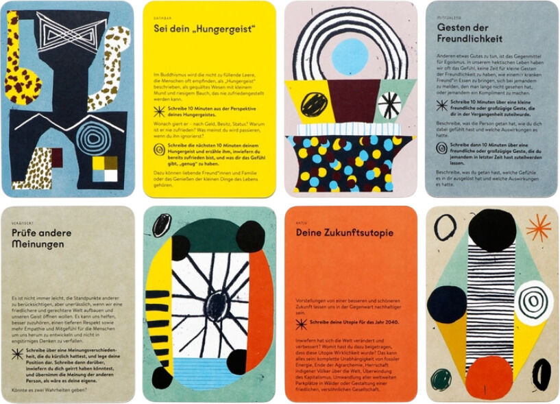 Ein Set aus acht modernen, bunt illustrierten Karten mit Texten zur Selbstreflexion und spirituellen Entwicklung, die Themen wie Freundlichkeit und Zukunftsstrategien behandeln.