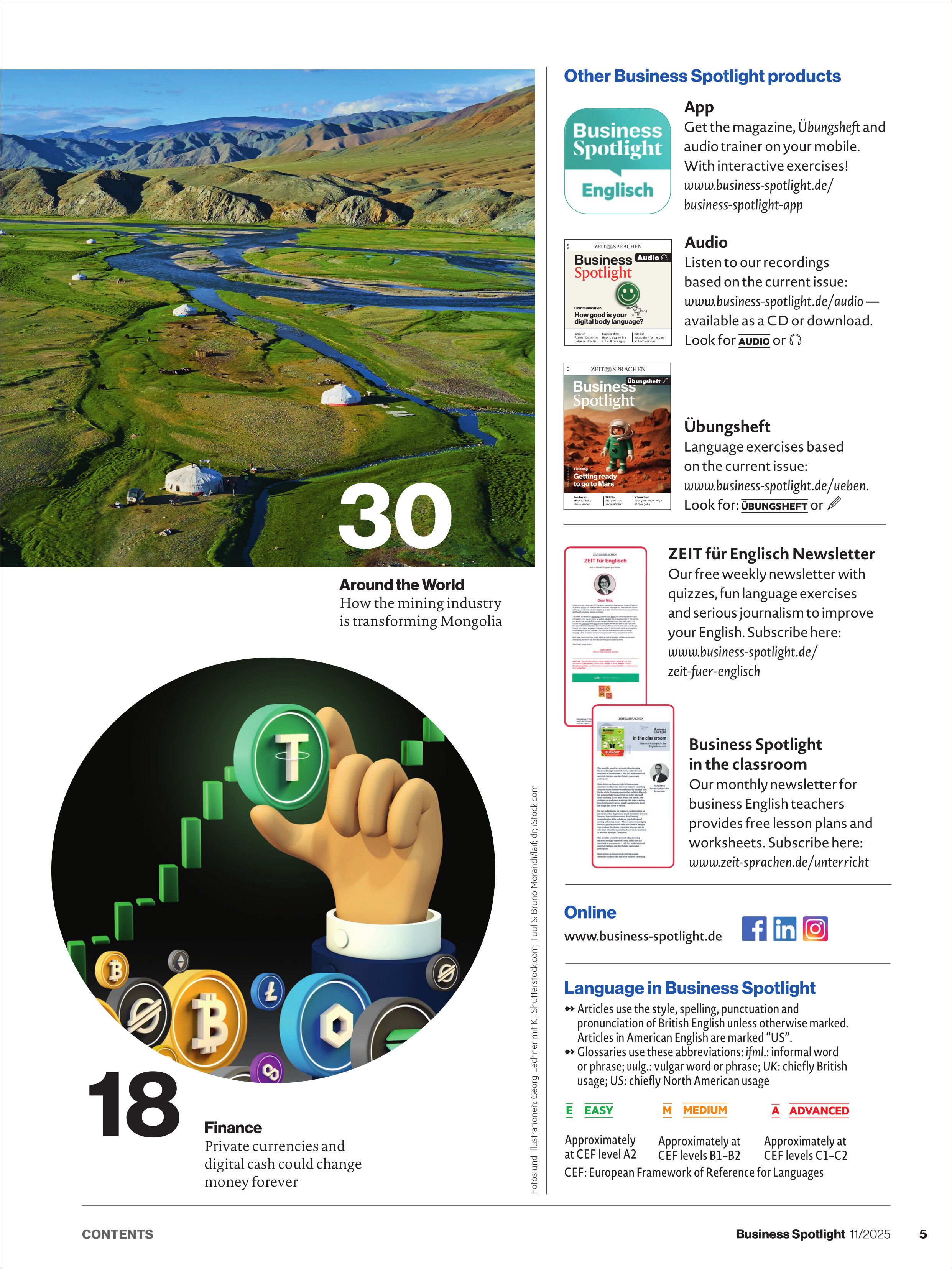 Titelseite des Business Spotlight Magazins 11/2025 mit einer Luftaufnahme einer grünen mongolischen Landschaft, einem Symbolbild zu Kryptowährungen und digitalen Finanzthemen sowie Hinweisen auf weitere Business Spotlight Produkte und Fortbildungsangebote für Berufstätige.
