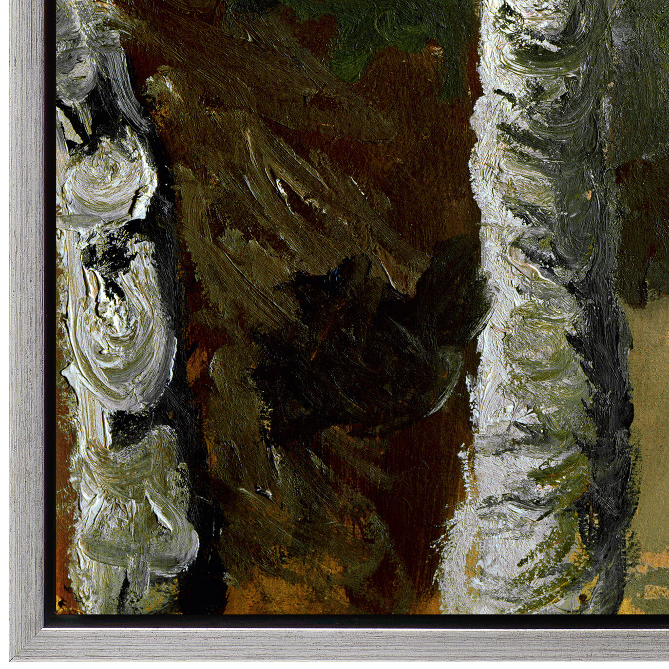 Das Gemälde »Birkenweg« von Paula Modersohn-Becker zeigt einen Birkenweg, gesäumt von weißen Birkenstämmen und grünem Laub unter gelb-blauem Himmel. Die harmonischen Farbnuancen auf leinenbespannter Leinwand im Holzrahmen erzeugen eine ruhige, lichtdurchflutete Landschaftsstimmung.