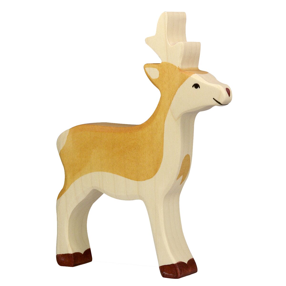 Holzfigur eines Elchs aus dem Großen Waldtiere-Set, naturbelassen bemalt in Braun- und Weißtönen, geeignet als nachhaltiges Spielzeug oder Dekoration, auf weißem Hintergrund.