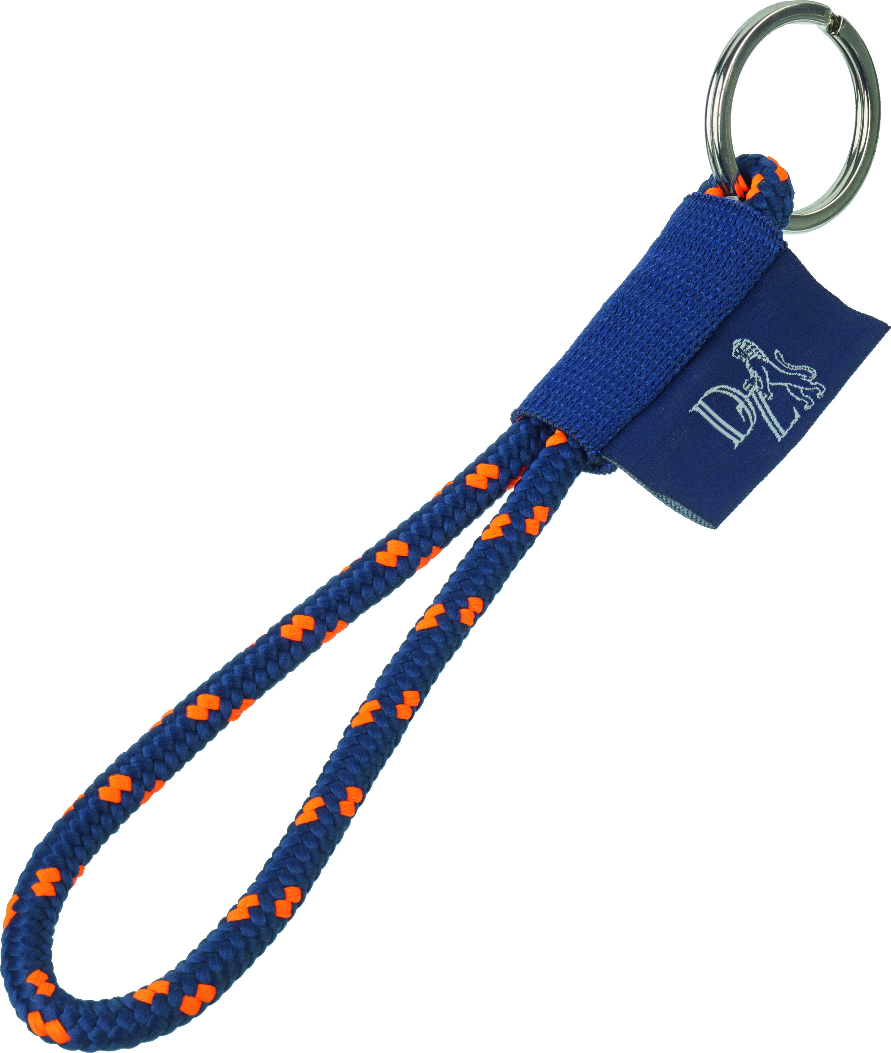 Marineblauer Schlüsselanhänger aus der ZEIT-Kollektion mit orangefarbenen Mustern und einem Schlüsselring aus Metall. Perfekt für Seefahrer und maritime Enthusiasten.