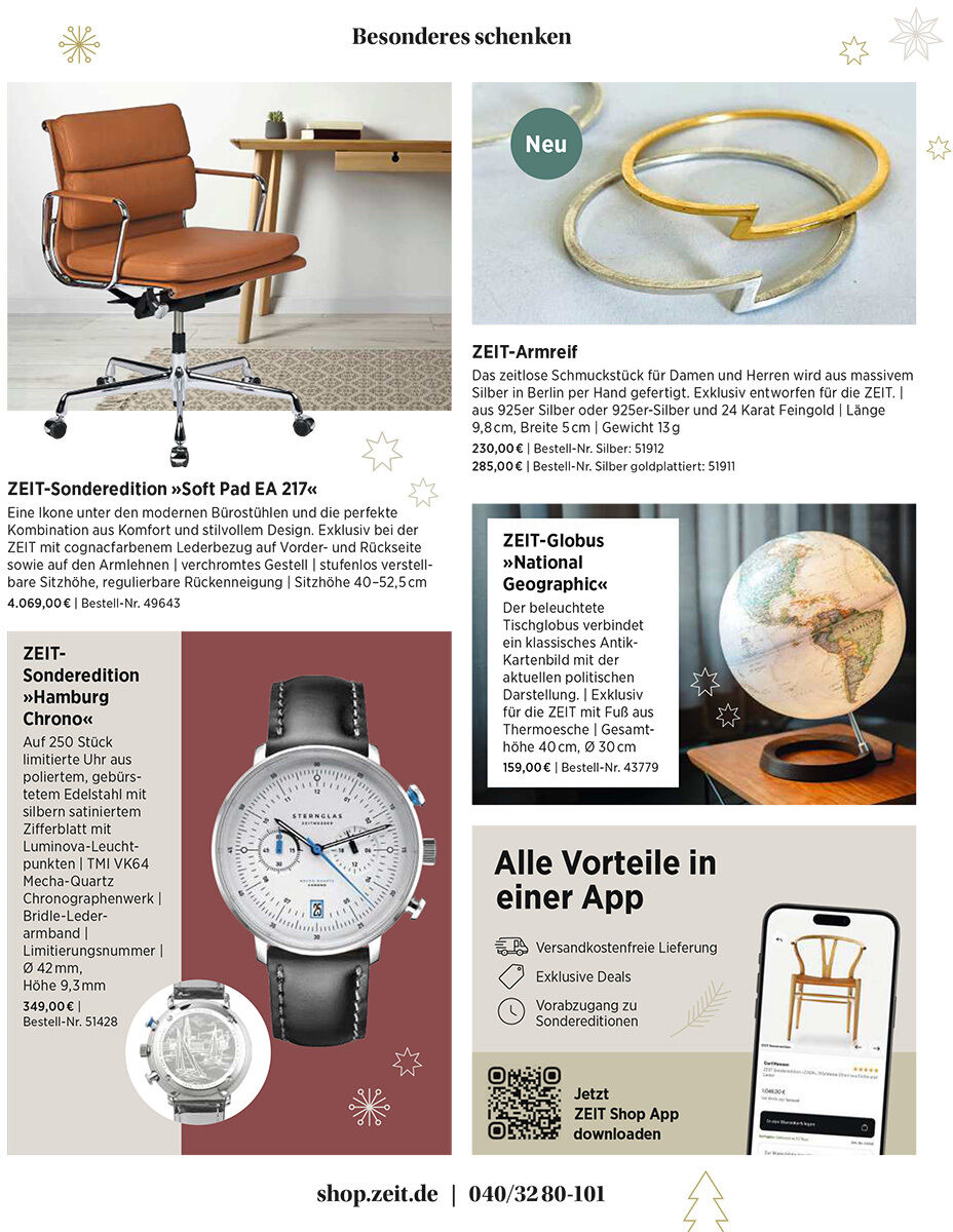 Katalogseite „Besonderes schenken“ von DIE ZEIT mit Geschenkideen: brauner Bürodrehstuhl, goldener ZEIT-Armreif, beleuchteter National-Geographic-Globus und silberne ZEIT-Edition-Chronograph-Uhr mit schwarzem Lederband. Unten wirbt ein Kasten für die ZEIT-Shop-App.