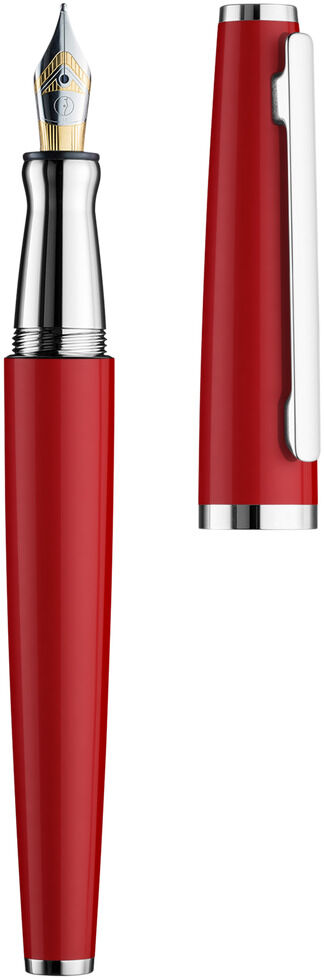 Ein roter Füllfederhalter der Serie »Design06«, aus Edelstahl mit silberfarbenen Akzenten, gezeigt mit abgenommenem Deckel.