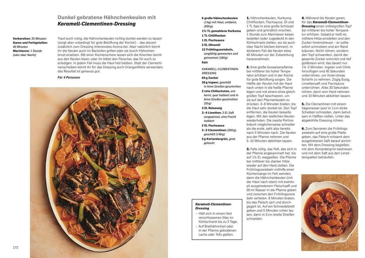 Rezept Dunkelgebratene Hähnchenkeulen mit Karamell-Clementinen-Dressing