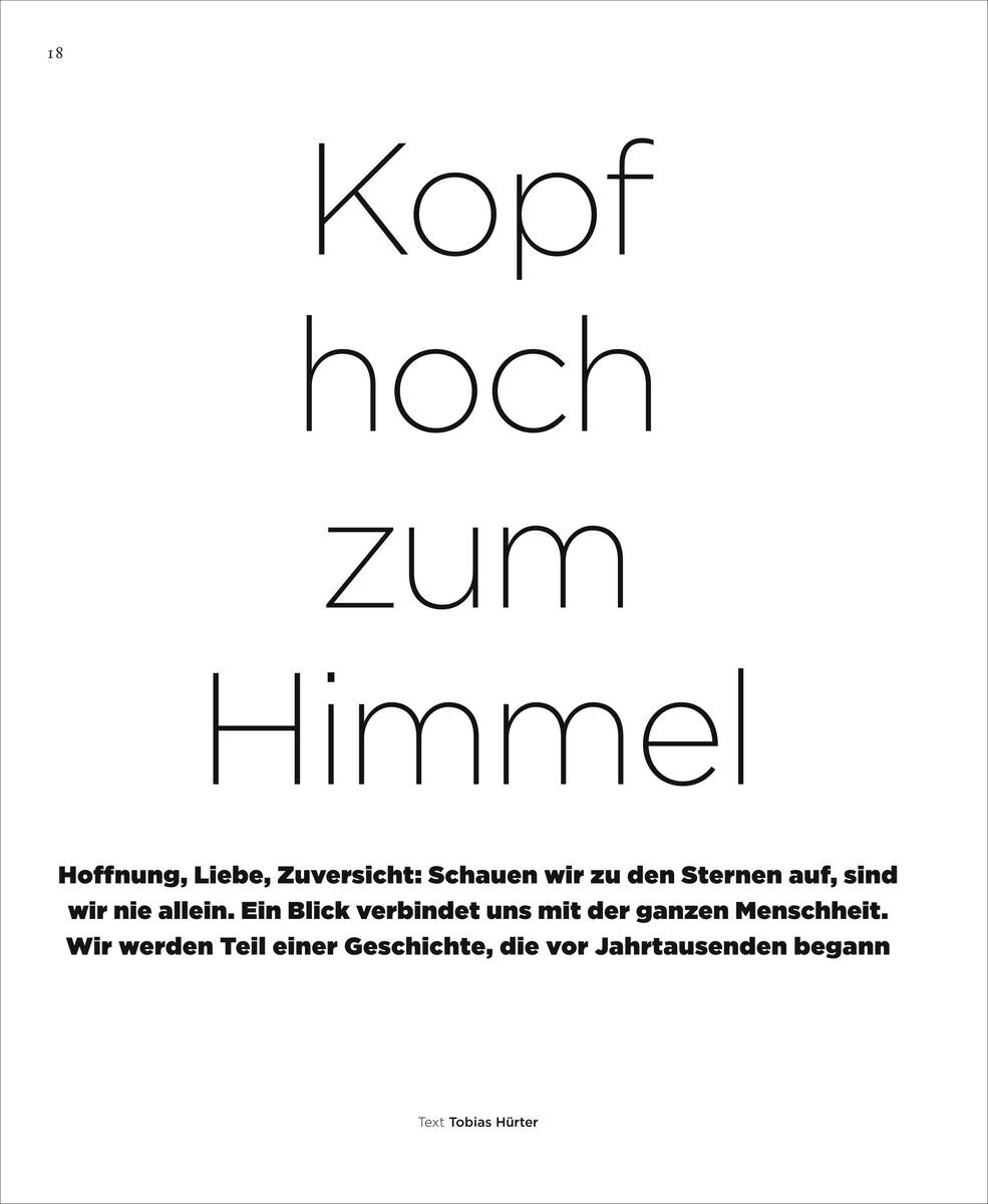 Das Cover der Publikation 'ZEIT WISSEN 2/22 KOPF HOCH!' zeigt den Text: 'Kopf hoch zum Himmel. Hoffnung, Liebe, Zuversicht: Schauen wir zu den Sternen auf, sind wir nie allein. Ein Blick verbindet uns mit der ganzen Menschheit. Wir werden Teil einer Geschichte, die vor Jahrtausenden begann.' Der Hintergrund ist weiß und der Text ist in schwarzer Schrift.