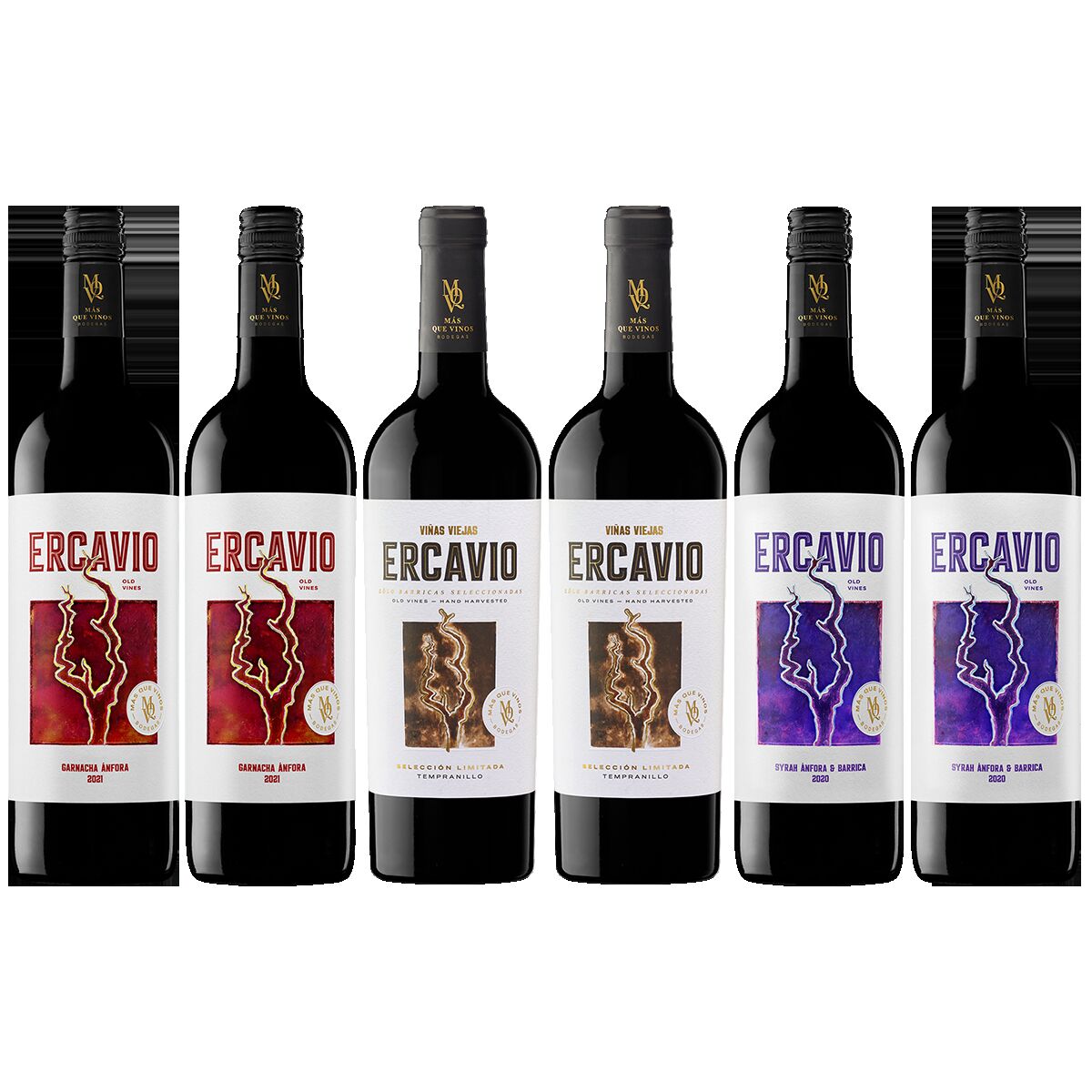 Sechs Flaschen spanischer Rotwein der Marke Mas Que Vinos stehen nebeneinander. Die Flaschen haben unterschiedliche Etiketten in Rot-, Weiß- und Violetttönen mit goldenen und silbernen Auszeichnungen. Das Bild zeigt eine Übersicht des Weingut-Pakets.