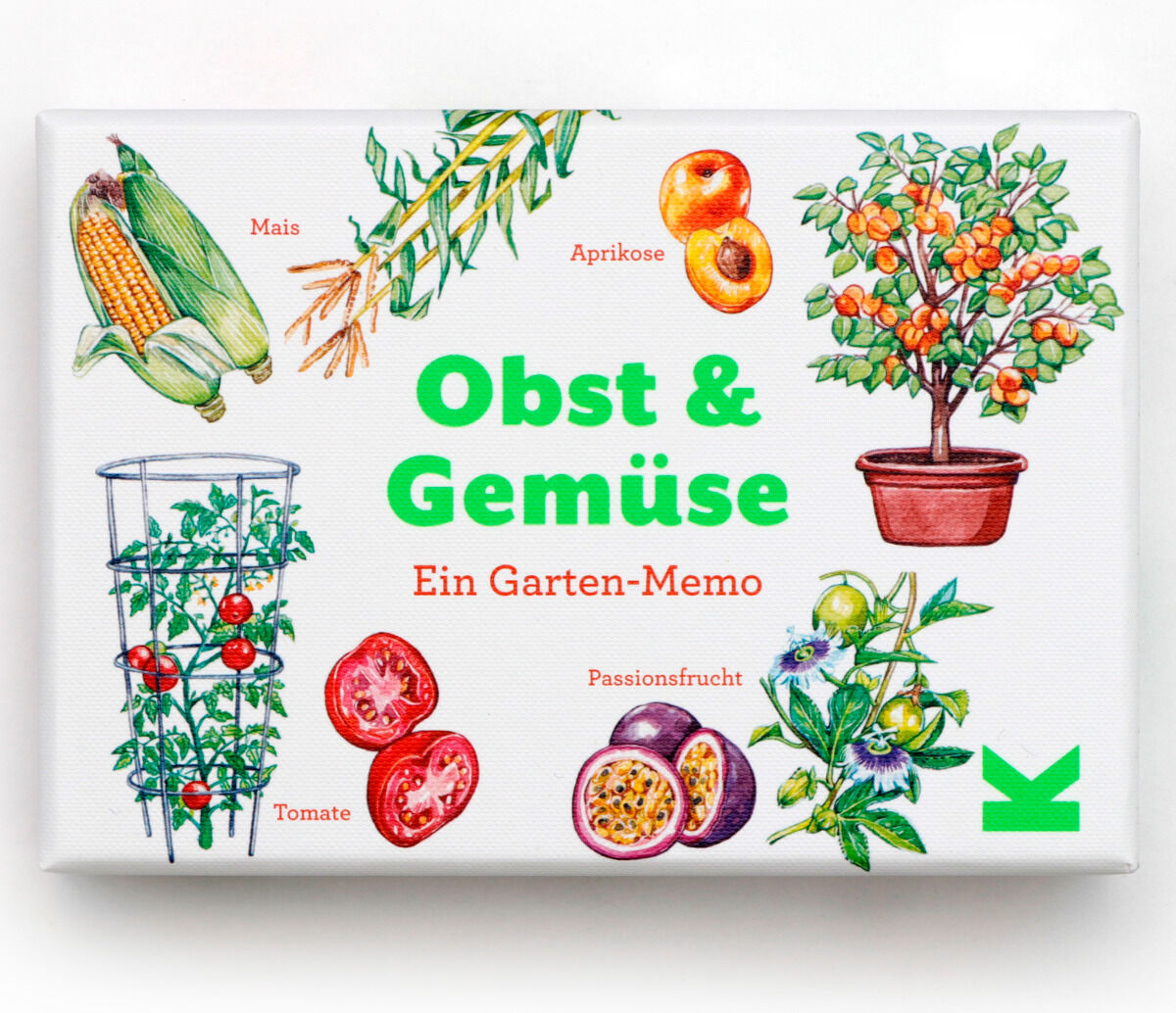 Eine Schachtel eines Memo-Spiels namens 'Obst und Gemüse'. Die Schachtel zeigt Illustrationen von verschiedenen Früchten und Gemüsen wie Mais, Aprikose, Tomate und Passionsfrucht in leuchtenden Farben. Der Titel 'Obst & Gemüse' ist in grüner Schrift geschrieben, und darunter steht 'Ein Garten-Memo'.