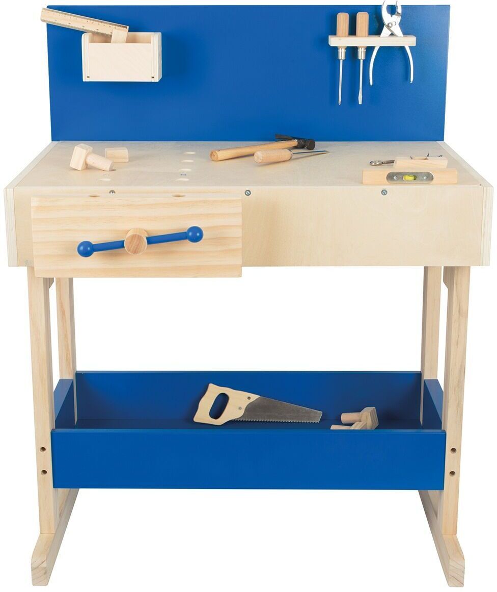 Kinderwerkbank mit echtem Werkzeug aus Holz und Metall, bestehend aus verschiedenen Werkzeugen und Zubehör wie Hammer, Säge und Schraubenzieher, auf einer blau und naturholzfarbenen, stabilen Werkbank.