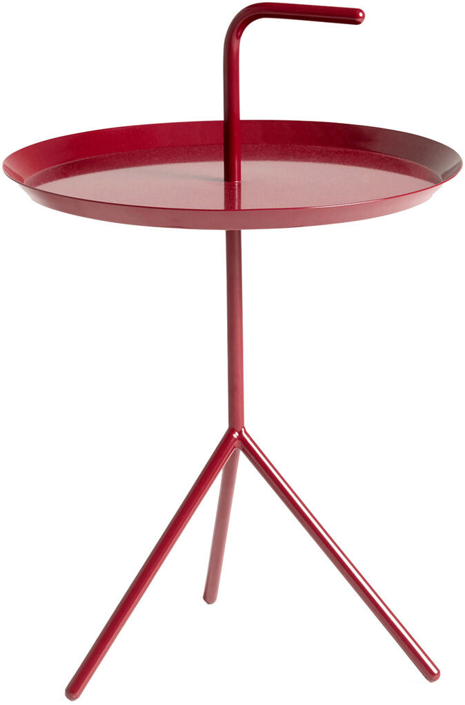 Abgebildet ist der Beistelltisch »DLM Side Table« von Hay in Rot, entworfen von Thomas Bentzen. Der Tisch besteht aus lackiertem, pulverbeschichtetem Stahl, hat eine runde Platte mit erhöhtem Rand, einen praktischen Griff sowie ein dreibeiniges, minimalistisches Gestell.
