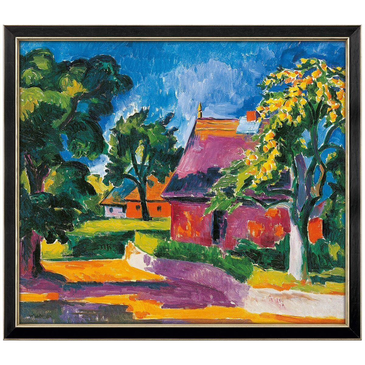 Ein expressionistisches Gemälde von Max Pechstein aus dem Jahr 1919 mit dem Titel »Bauerngehöft«. Es zeigt einen farbenfrohen Bauernhof mit Bäumen und einem Haus unter einem blauen Himmel. Der Stil ist durch kräftige und lebendige Farben gekennzeichnet.