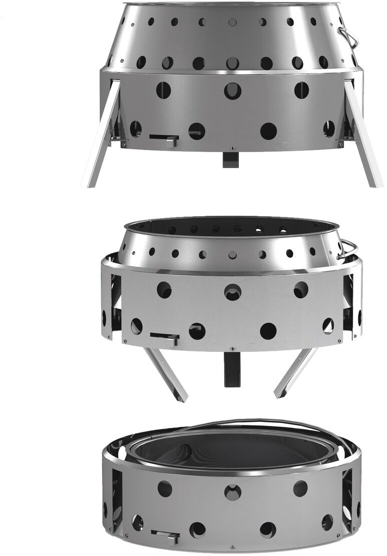 Drei Ansichten eines Edelstahlgrills »Atago« mit Lüftungslöchern und robusten Beinen für Stabilität. Perfekt für Outdoor-Aktivitäten und Camping.