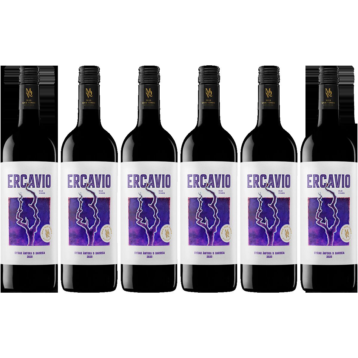 Sechs Flaschen Syrah Rotwein „Ercavio“ von Mas Que Vinos stehen nebeneinander. Die Flaschen haben ein überwiegend violettes Etikett mit weißem Rand und schwarzem Verschluss, geeignet als Geschenk oder für gesellige Runden.