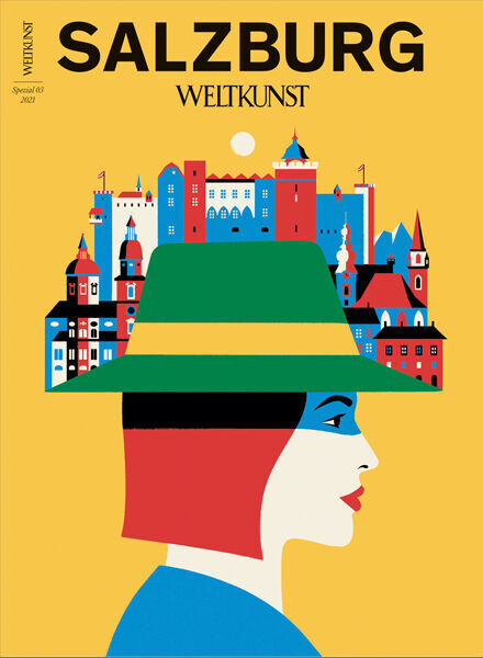 Cover des Magazins 'WELTKUNST 187/21 Sonderheft Salzburg' mit einem farbenfrohen Illustrationsstil. Im Vordergrund ein Profil einer stilisierten Person mit Hut, im Hintergrund eine malerische Darstellung von Salzburg mit bunten Gebäuden.