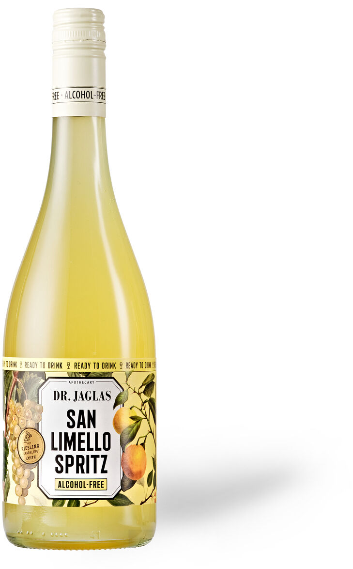 Eine Flasche San Limello Spritz, alkoholfrei, mit gelbem Zitrusdesign und elegantem Etikett. Ideal zur Erfrischung an sommerlichen Tagen.