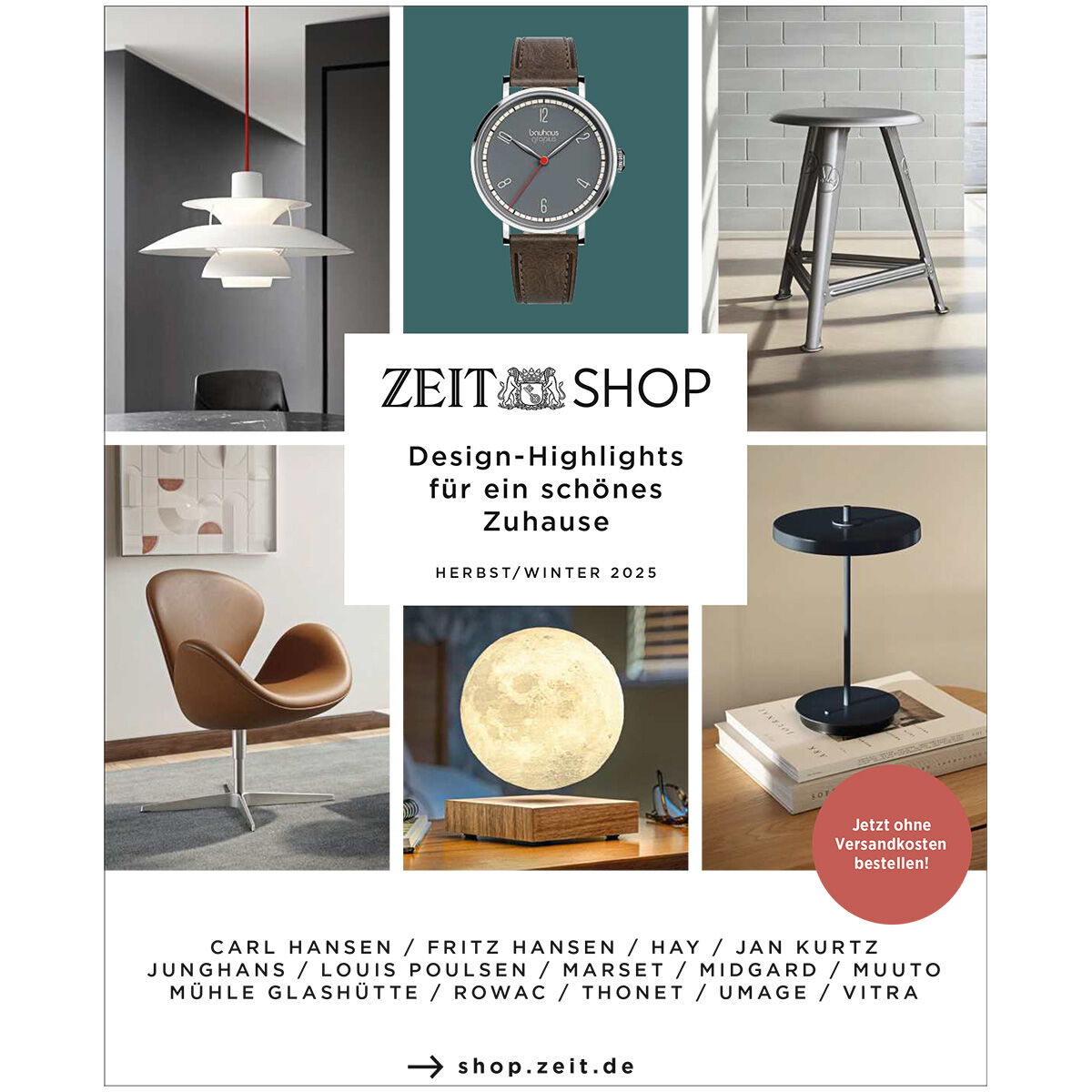 Titelbild eines Katalogs mit Design-Highlights für den Wohnbereich, darunter moderne Möbelstücke, stylishe Lampen, eine Wanduhr und eine dekorative Leuchte. Der Katalog richtet sich an Interessierte für zeitgenössisches Wohnen und Inneneinrichtung.