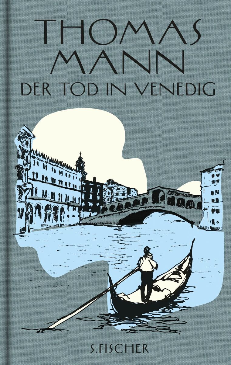 Ein Buchcover des Romans 'Der Tod in Venedig' von Thomas Mann. Das Cover zeigt eine Illustration von Venedig mit einer Szene auf einem Kanal, in der ein Mann ein Boot rudert. Der Hintergrund ist in blauen und weißen Farbtönen gehalten, und der Titel sowie der Name des Autors sind in schwarzer Schrift abgebildet.