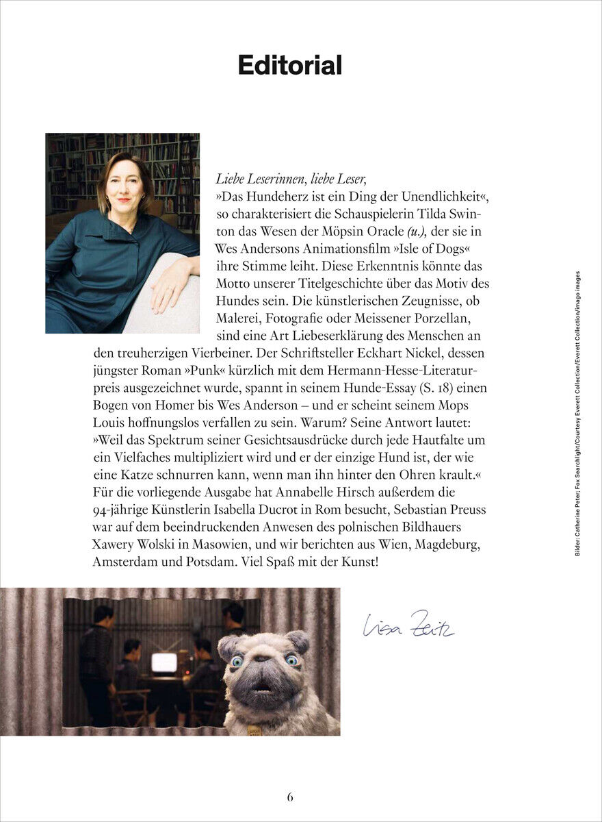 Eine Seite eines Kunstmagazins mit redaktionellem Text und einem Bild einer Frau über einem weiteren Bild von einem Hund mit großen Augen.