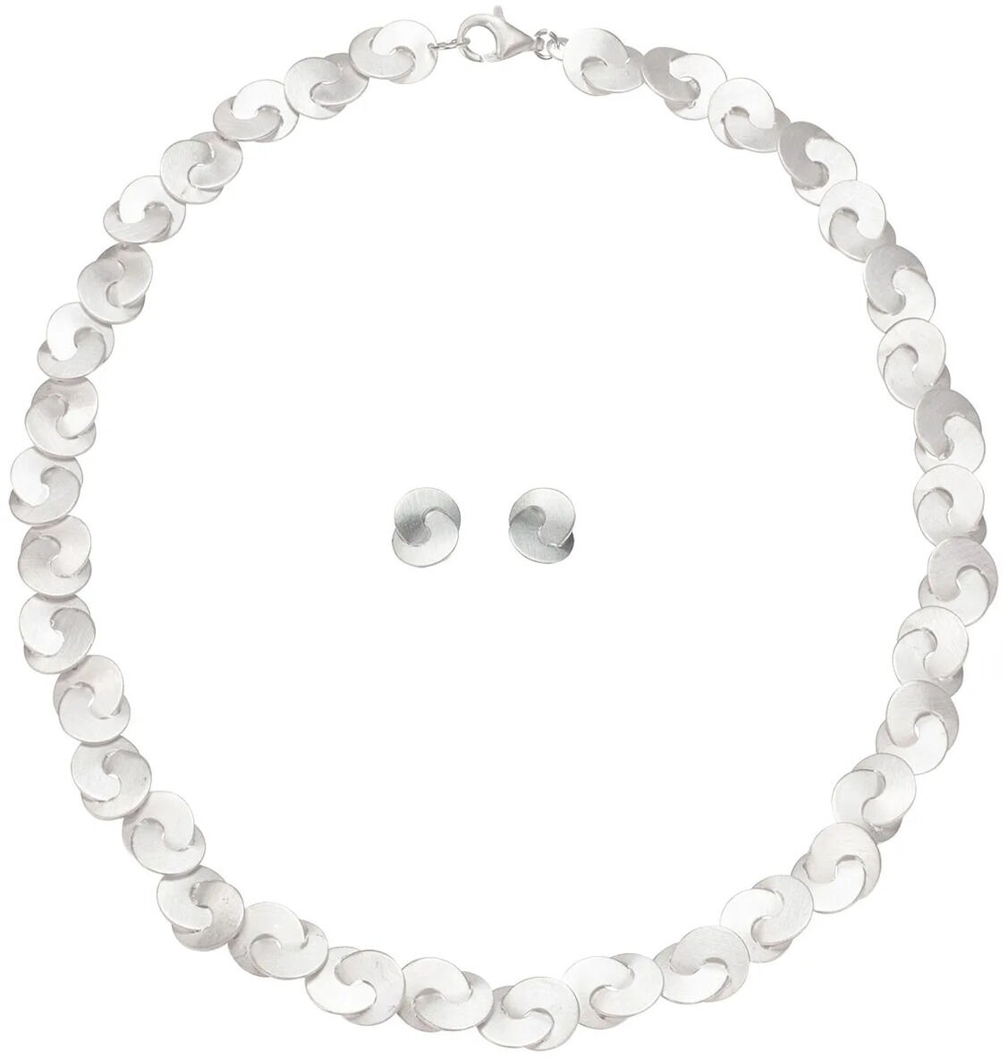 Silbernes Schmuckset bestehend aus einer Halskette und passenden Ohrsteckern im modernen, runden Design. Das Set liegt auf weißem Hintergrund und wirkt elegant sowie zeitlos.