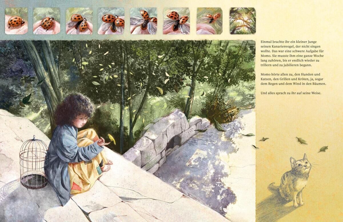 Die Illustration zeigt ein junges Mädchen mit lockigem Haar, das auf einer steinernen Mauer sitzt und ein kleines Tier betrachtet. Neben ihr befindet sich ein leerer Vogelkäfig. Im Hintergrund ist eine grüne Landschaft mit Pflanzen und Pfaden zu sehen. Ein Fuchs sitzt aufmerksam in der Nähe, während oben im Bild eine Reihe von Marienkäferbildern abgebildet ist.