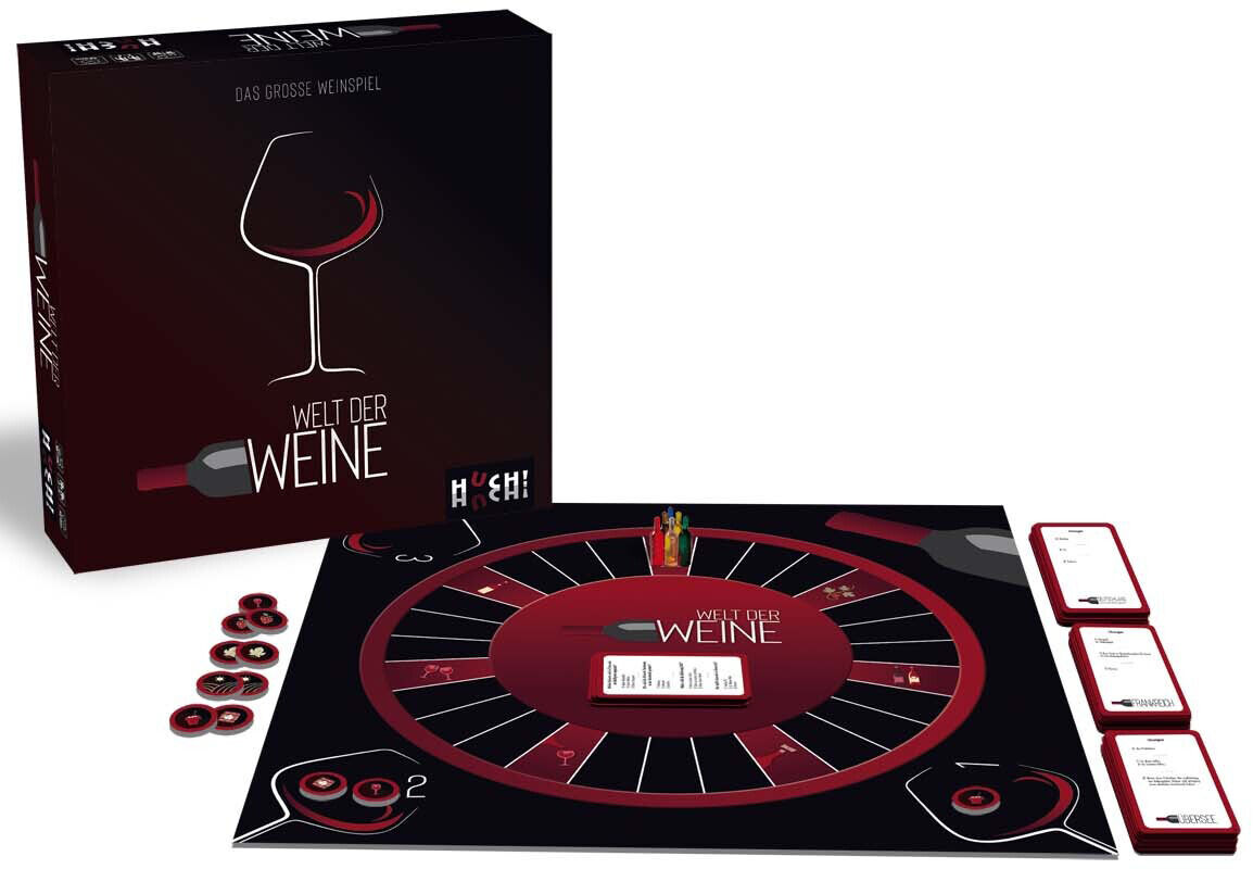 Das Bild zeigt das Spiel-Set 'Welt der Weine', bestehend aus einem schwarzen Spielbrett mit roten und weißen Akzenten, einer Schachtel, Spielkarten, Spielchips und einem kleinen Flaschen-Accessoire.