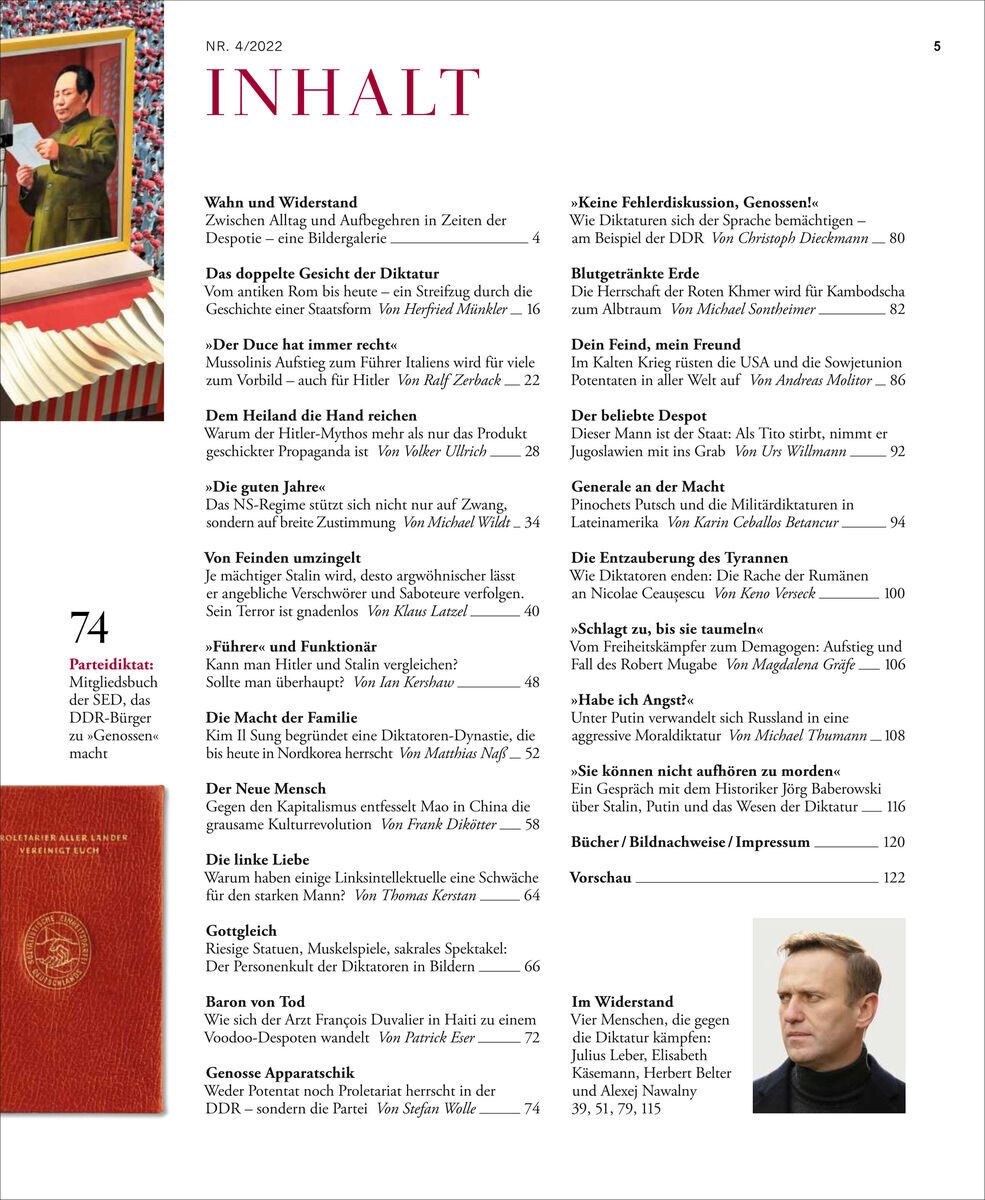 Das Titelblatt der Ausgabe 4/22 des Magazins 'ZEIT GESCHICHTE', das sich mit dem Thema Diktatoren beschäftigt. Es zeigt einen Inhaltsverzeichnis und ein Bild eines Mannes in Anzug, sowie ein rotes Buch und ein Portrait eines Militärs mit Parade.