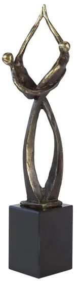 Abgebildet ist eine abstrakte Skulptur aus bronzeähnlichem Material, die zwei eng verbundene, stilisierte menschliche Figuren darstellt, die sich berühren und gemeinsam auf einem schwarzen Sockel stehen. Die Skulptur symbolisiert Ewige Verbundenheit und eignet sich als elegantes Kunstobjekt für Wohnräume oder als Geschenk zu besonderen Anlässen.