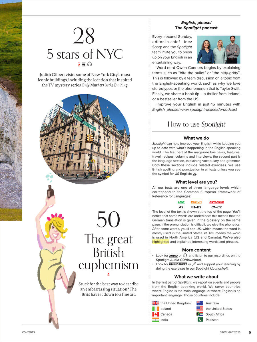 Eine Magazinseite mit Artikeln über New Yorks berühmte Gebäude und britische Euphemismen. Enthält Bilder und Text zu Sprachpodcasts, Reisen und Englischlernen. Geeignet für Lernende und Kulturinteressierte.