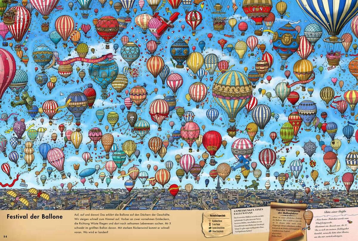Ein bunt illustriertes Buch mit vielen Heißluftballons am Himmel und einem verworrenen Stadtbild darunter. Ein Detektivabenteuer für Kinder, welches ein Suchspiel mit einem Labyrinth vereint. Der Titel des Buches lautet 'Pierre, der Irrgarten-Detektiv'.