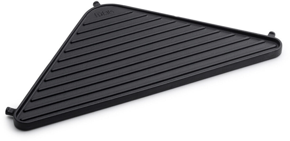 Eine dreieckige Grillplatte aus schwarzem Gusseisen. Das Produkt ist als 'CUBE Plancha' bekannt.