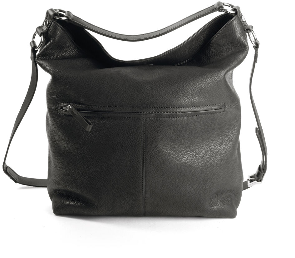 Schwarze Beuteltasche »Chaza Pouch Upend« aus Leder mit verstellbarem Schulterriemen und Reißverschluss an der Vorderseite.
