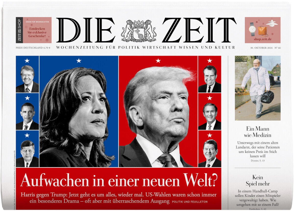Titelblatt der Wochenzeitung DIE ZEIT 46/2024 mit den Portraits von Donald Trump und Kamala Harris vor blau-rotem Hintergrund und der Überschrift 'Aufwachen in einer neuen Welt?'.