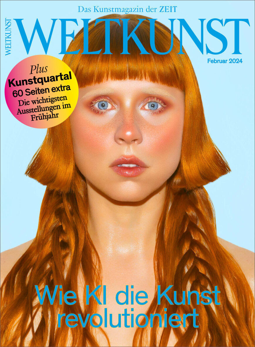 Cover des WELTKUNST Magazins, Ausgabe Februar 2024, mit einer Titelseite, die eine Frau mit langen, roten Haaren zeigt. Der Titel lautet 'Wie KI die Kunst revolutioniert' auf hellblauem Hintergrund.