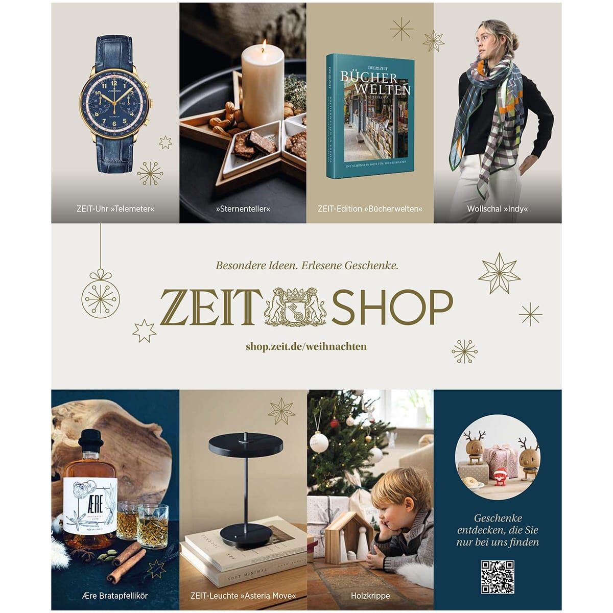 Produktkatalog mit Geschenkideen für Weihnachten 2024/2025 vom ZEIT Shop. Der Katalog zeigt verschiedene Produkte wie eine stilvolle Uhr, einen Sternenatlas, ein dekoratives Buch, einen Wollschal, eine Bratpfanne, einen Lampenständer und Holzspielzeug. Die Farben des Layouts sind dunkelblau, beige, gold und weiß. Der Katalog eignet sich besonders zur Inspiration für Weihnachtsgeschenke. Im Zentrum befindet sich das ZEIT Shop-Logo mit goldenen Weihnachtssternen als grafisches Element.