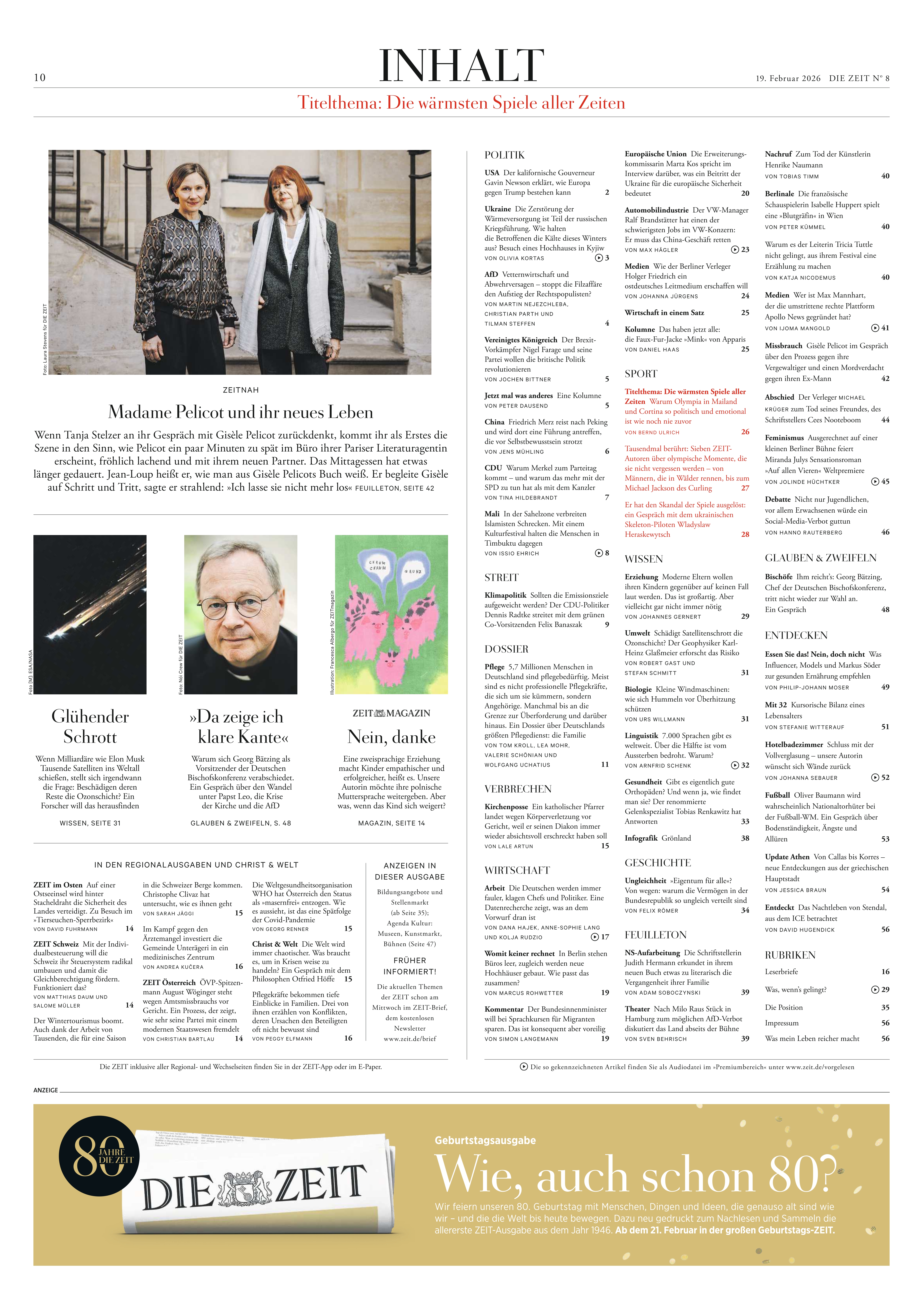 Sehr detailliertes Inhaltsverzeichnis der Zeitschrift DIE ZEIT 08/2026 mit mehreren Textspalten. Oben links ein großes Foto zweier Frauen im Gespräch, darunter ein Textkasten. Mitte unten kleineres Porträt eines Mannes. Unten Werbebanner mit DIE ZEIT-Logo und gelbem Hintergrund. Klare, strukturierte Gliederung.