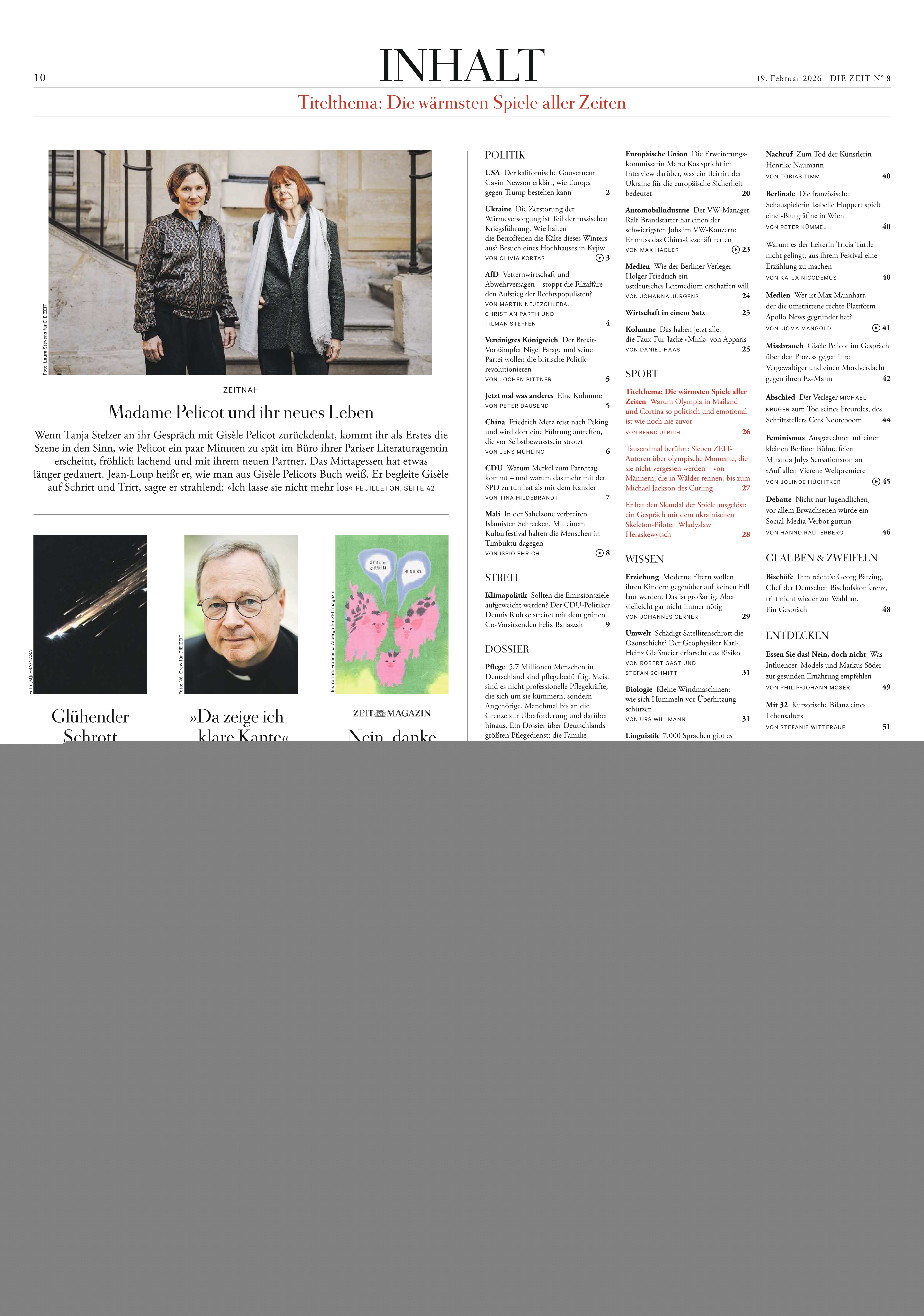 Sehr detailliertes Inhaltsverzeichnis der Zeitschrift DIE ZEIT 08/2026 mit mehreren Textspalten. Oben links ein großes Foto zweier Frauen im Gespräch, darunter ein Textkasten. Mitte unten kleineres Porträt eines Mannes. Unten Werbebanner mit DIE ZEIT-Logo und gelbem Hintergrund. Klare, strukturierte Gliederung.