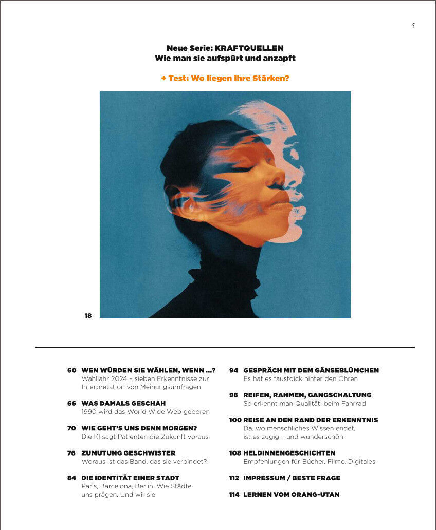 Titelseite der Zeitschrift ZEIT WISSEN 3/24 KRAFTQUELLEN, zeigt eine abstrakte Illustration eines Gesichts in blau und orange, mit Texten zu Themen wie persönliche Stärken, Gespräche, Reife, und Lernen von Orang-Utans. Oben steht der Titel 'Neue Serie KRAFTQUELLEN - Wie man sie aufspürt und anzapft'.