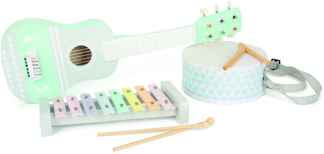 Ein farbenfrohes Musik-Set für Kinder bestehend aus einer kleinen pastellgrünen Gitarre, einer weißen Trommel mit pastellfarbenen Mustern und einem Xylophon in Pastellfarben. Zwei Trommelstöcke und Schlegel sind ebenfalls vorhanden.