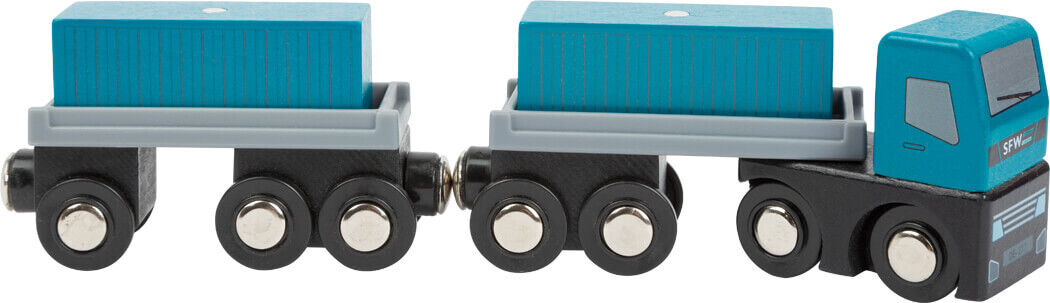 Ein Spielset bestehend aus einem Container Terminal mit Zubehör. Enthalten sind ein Containerwagen sowie ein Lastwagen, beide in Schwarz, Grau und Blau gestaltet. Das ganze Set besteht aus Holz und ist für Kinder zum Spielen und Lernen geeignet.