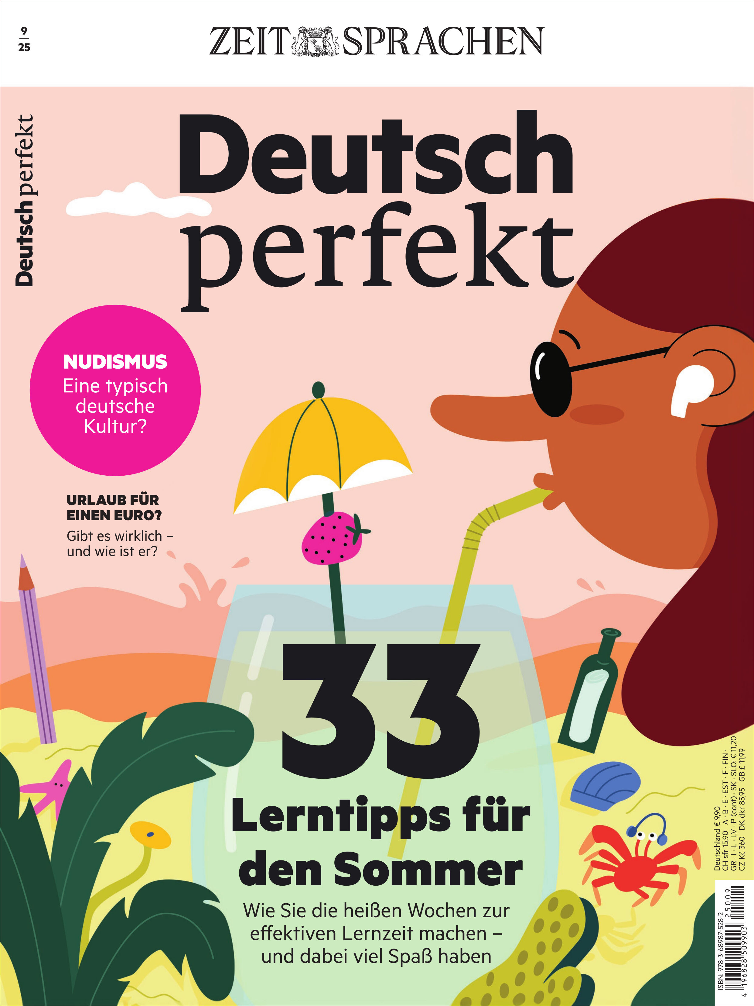 Titelbild der Zeitschrift 'Deutsch perfekt' Ausgabe 9/2025: Eine Illustration einer Person mit Sonnenbrille und Kopfhörern sitzt an einem Strand mit Getränk, umgeben von sommerlichen Symbolen wie Palmen, einem Krabbe, Sand und einer Sonnenliege. Auf dem Titel stehen Tipps zum Deutschlernen für den Sommer und Hinweise auf kulturelle Themen. Das Design vermittelt eine entspannte Sommeratmosphäre.