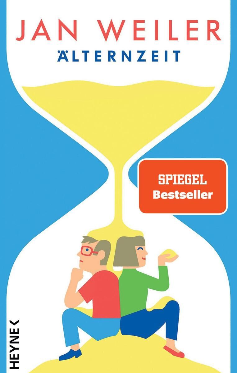 Buchcover von 'Älternzeit' von Jan Weiler, zeigt zwei Erwachsene, die Rücken an Rücken in einer sanduhrförmigen Illustration sitzen. Das Cover ist bunt und zeigt ein 'SPIEGEL Bestseller' Schild. Verlag ist Heyne.