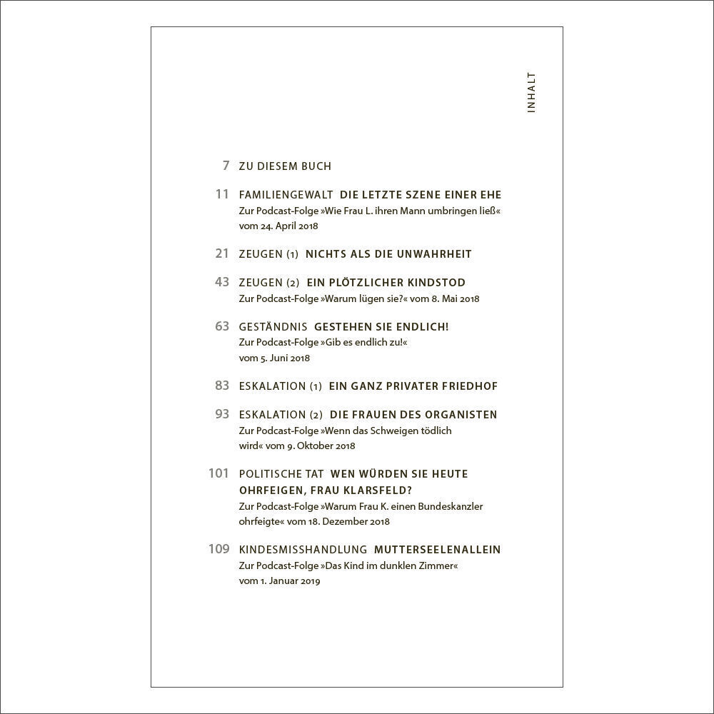Das Bild zeigt die Inhaltsangabe des Buches 'ZEIT Verbrechen - Paperback'. Der Text listet verschiedene Kriminalfälle und deren Titel in schwarzer Schrift auf weißem Hintergrund auf.